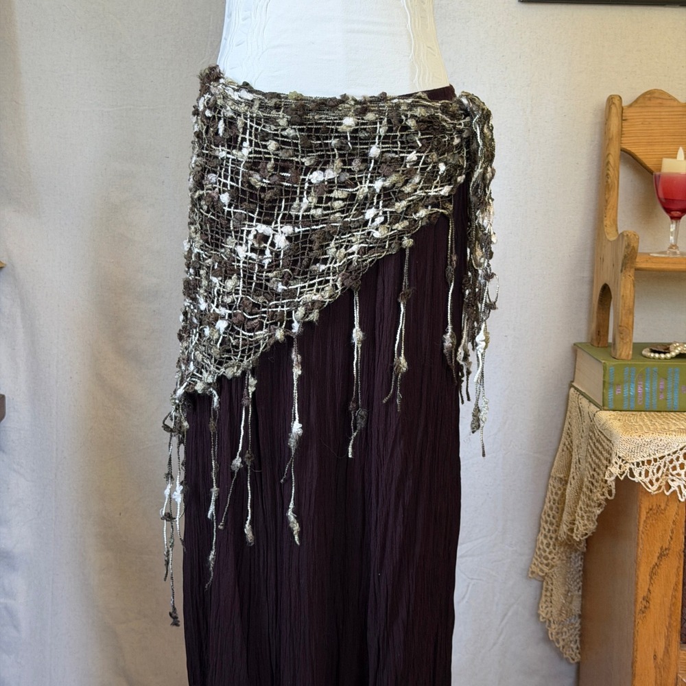 Brown Tassel Fringe Crochet Shawl Scarf Boho Fairycore Vintage OS
